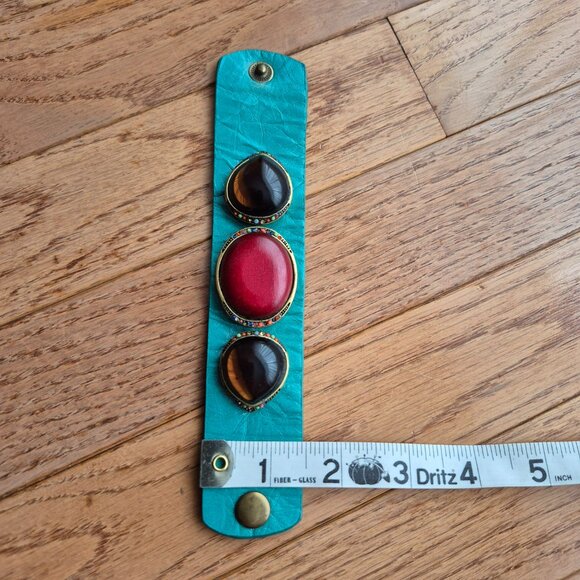 Fossil Leather Bracelet Cuff Bracelet Turquoise with Three Large Cabochon Stones - Picture 8 of 9